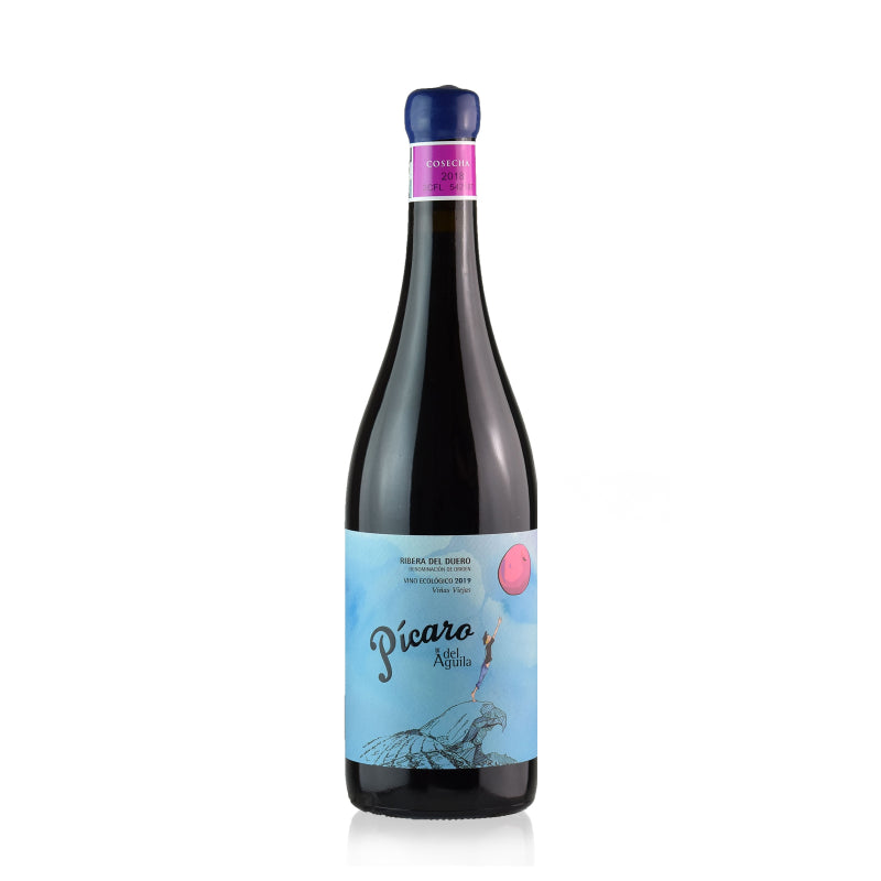 A bottle of Dominio del Aguila Picaro del Aguila Tinto wine with a blue label featuring an eagle, set against a plain background.
