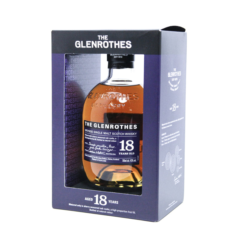 A bottle of The Glenrothes Single Malt Speyside Whisky with a label indicating 18 years old.