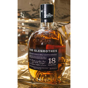 A bottle of The Glenrothes Single Malt Speyside Whisky with a label indicating 18 years old.