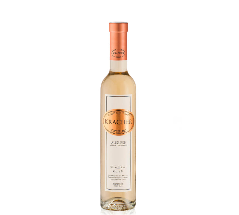 A bottle of Kracher Auslese Muscat Ottonel sweet wine.