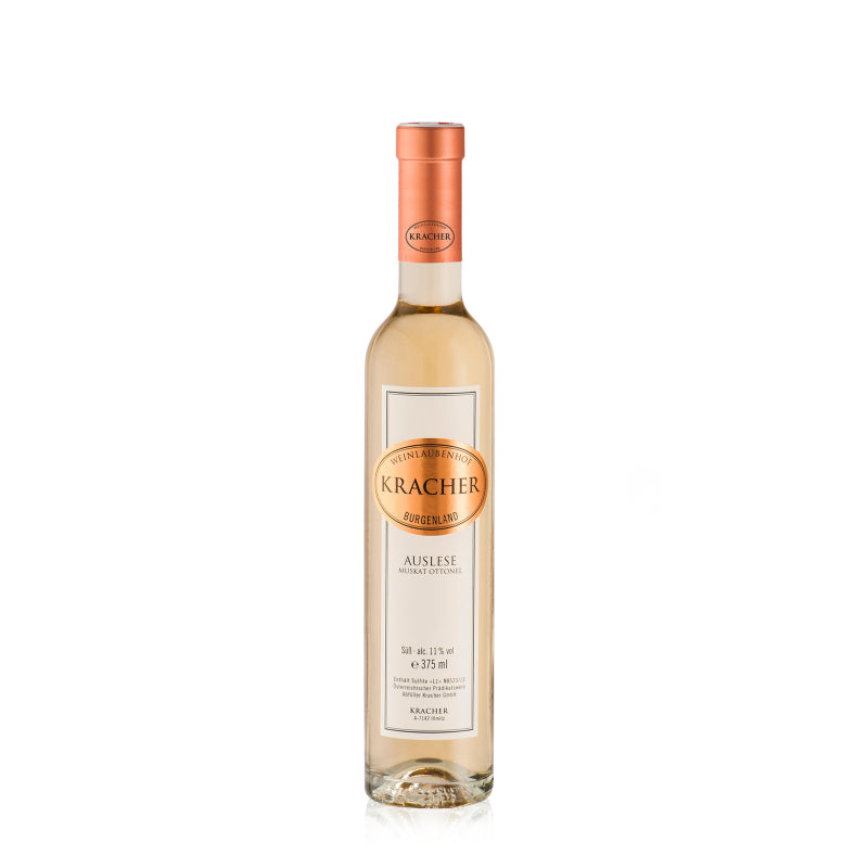 A bottle of Kracher Auslese Muscat Ottonel sweet wine.