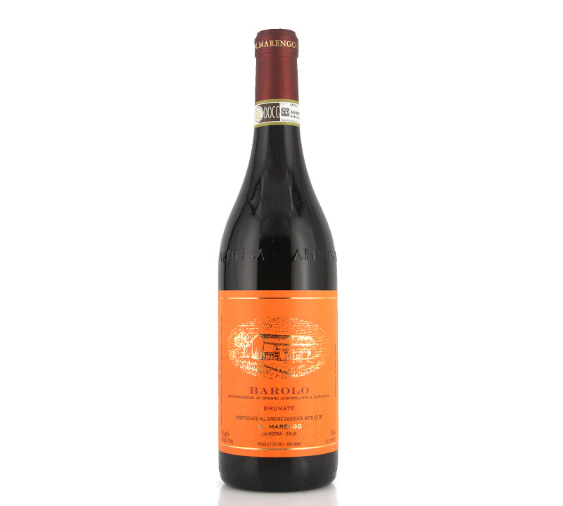 A bottle of M Marengo Barolo Brunate red wine.
