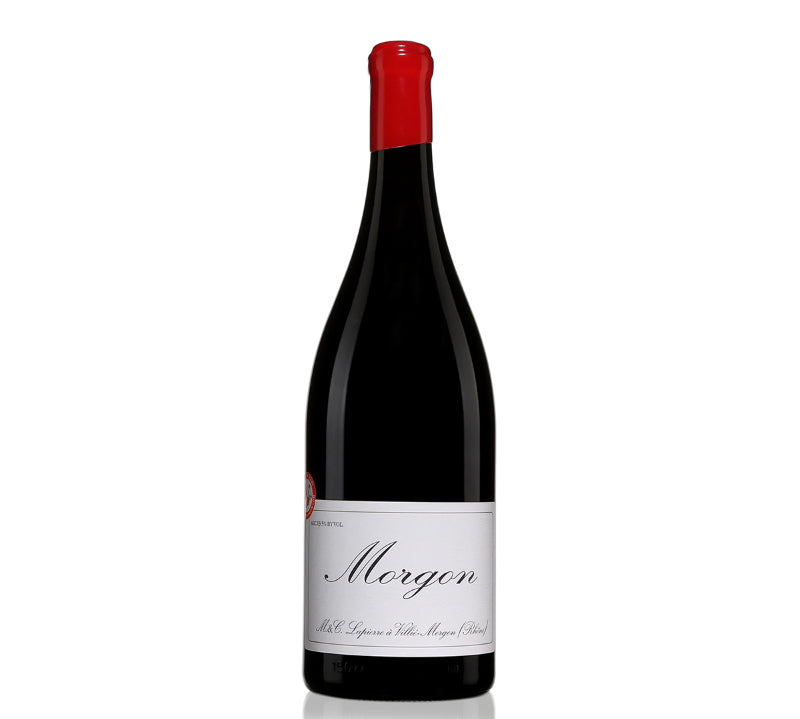 Bottle of 2021 Marcel Lapierre Morgon red wine with a deep red label and a red cap.