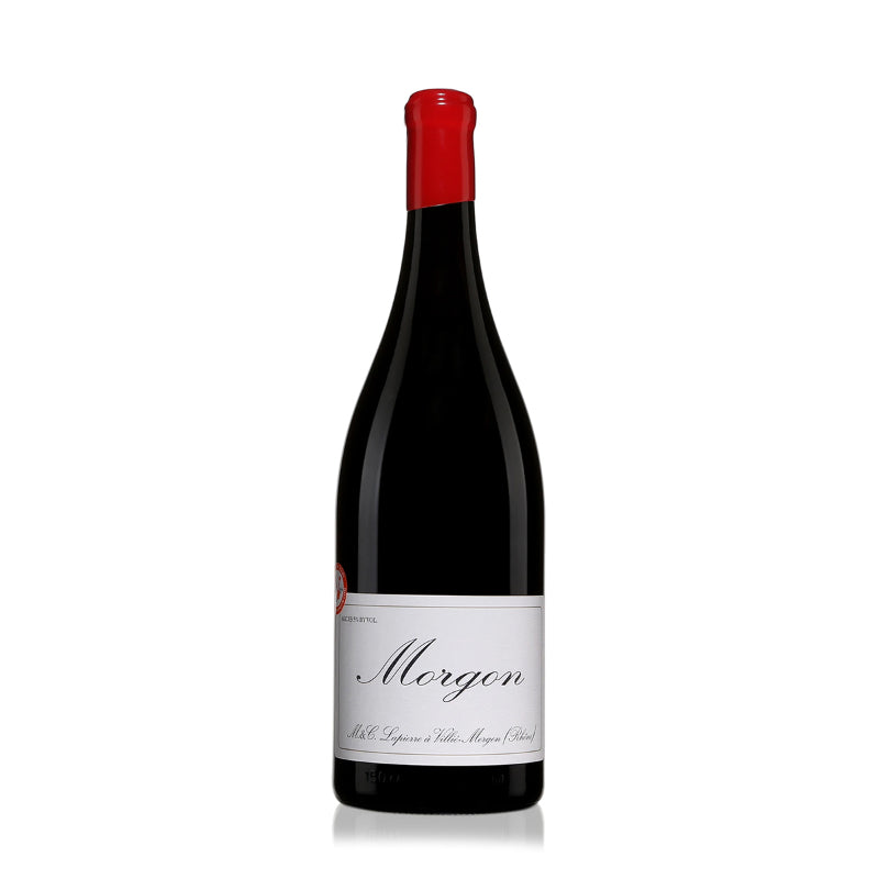 Bottle of 2021 Marcel Lapierre Morgon red wine with a deep red label and a red cap.