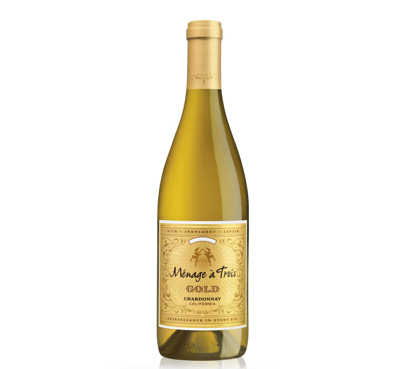 A bottle of Menage A Trois Gold Chardonnay white wine with a gold label.