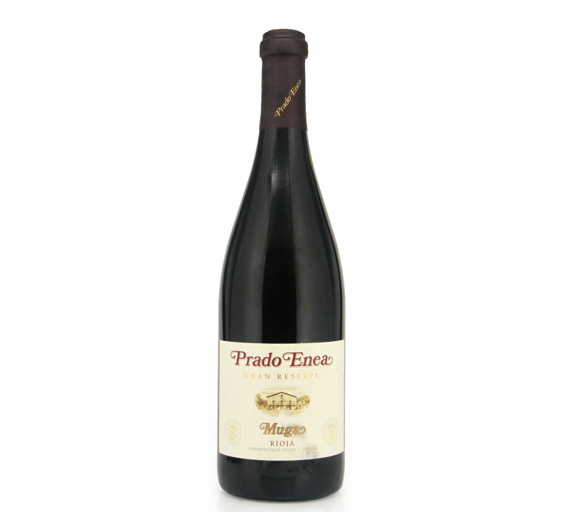 A bottle of Muga Prado Enea Gran Reserva wine with a label showing the brand name and the vintage year.