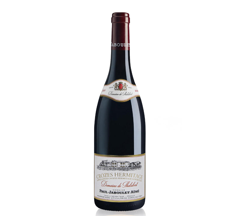A bottle of Paul Jaboulet Aine Crozes-Hermitage Domaine de Thalabert Rouge red wine.