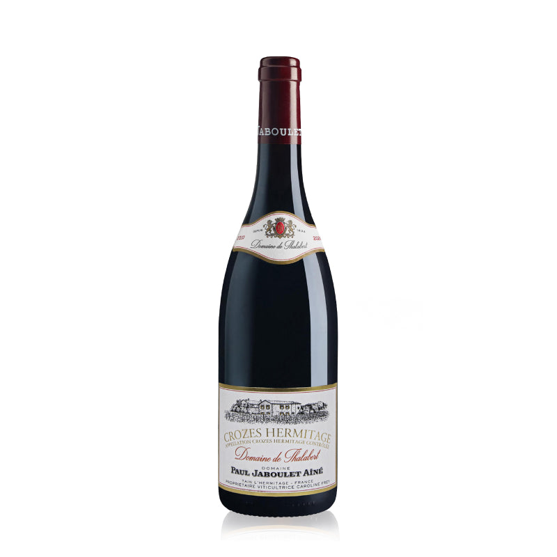 A bottle of Paul Jaboulet Aine Crozes-Hermitage Domaine de Thalabert Rouge red wine.