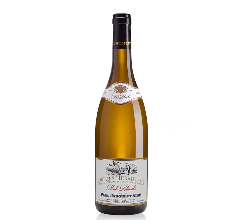 A bottle of Paul Jaboulet Aine Crozes-Hermitage Domaine Mule Blanche Blanc white wine.