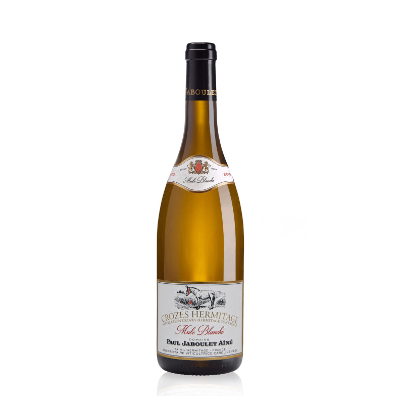 A bottle of Paul Jaboulet Aine Crozes-Hermitage Domaine Mule Blanche Blanc white wine.