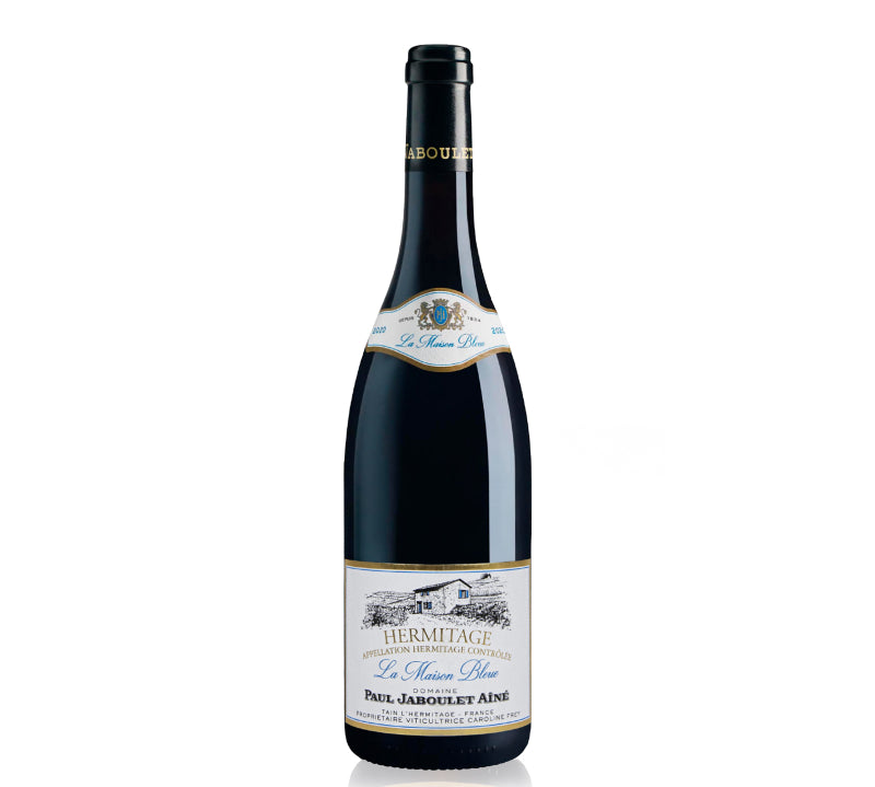 A bottle of Paul Jaboulet Aine Hermitage Maison Bleue 2020 red wine.