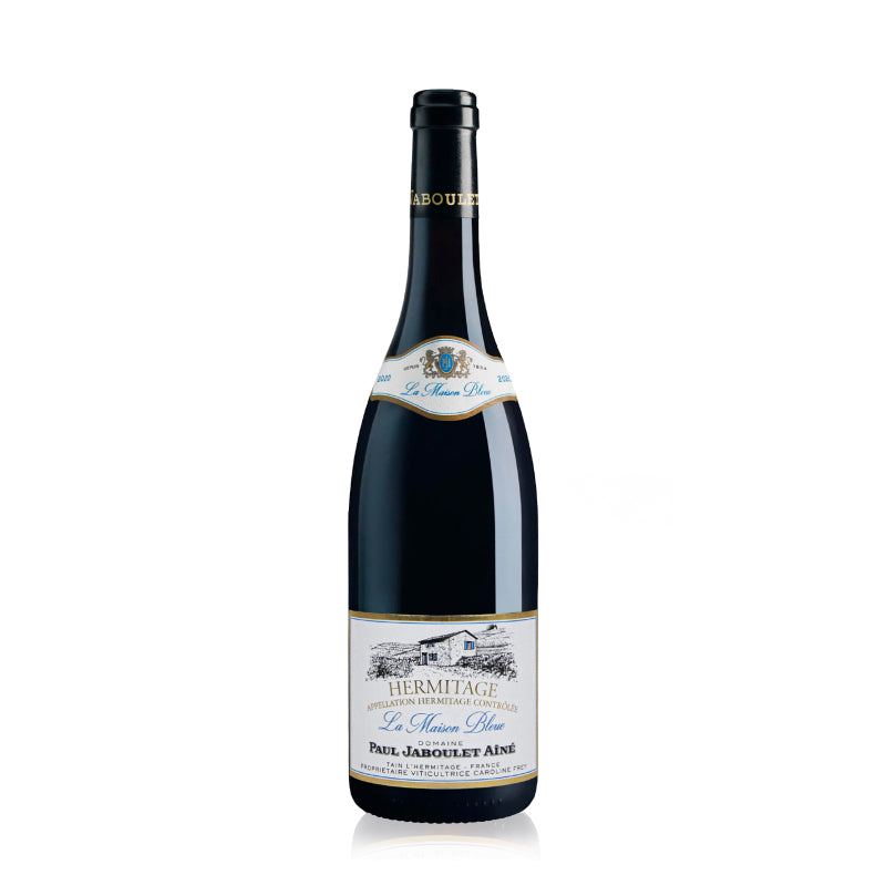 A bottle of Paul Jaboulet Aine Hermitage Maison Bleue 2020 red wine.