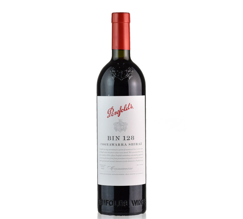 A bottle of Penfolds Bin 128 Shiraz Coonawarra red wine.