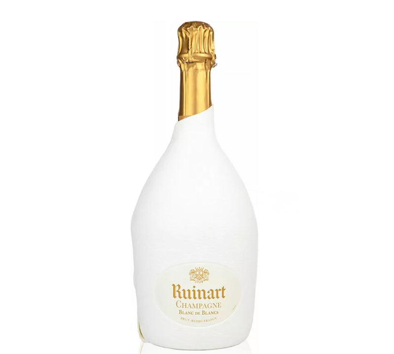 A bottle of Ruinart Champagne Blanc De Blancs Second Skin NV