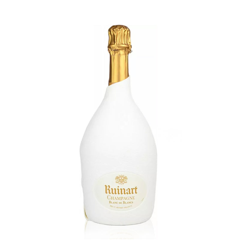 A bottle of Ruinart Champagne Blanc De Blancs Second Skin NV