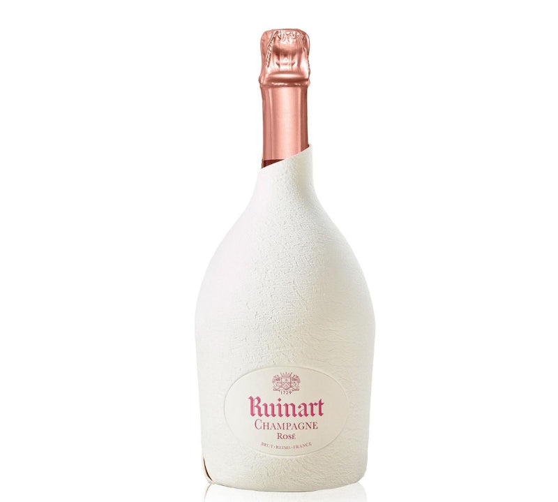 A bottle of Ruinart Champagne Second Skin Rose NV with a white wrap and pink label, showcasing the pomegranate pink color of the champagne.