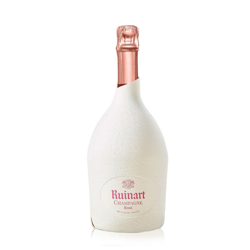 A bottle of Ruinart Champagne Second Skin Rose NV with a white wrap and pink label, showcasing the pomegranate pink color of the champagne.