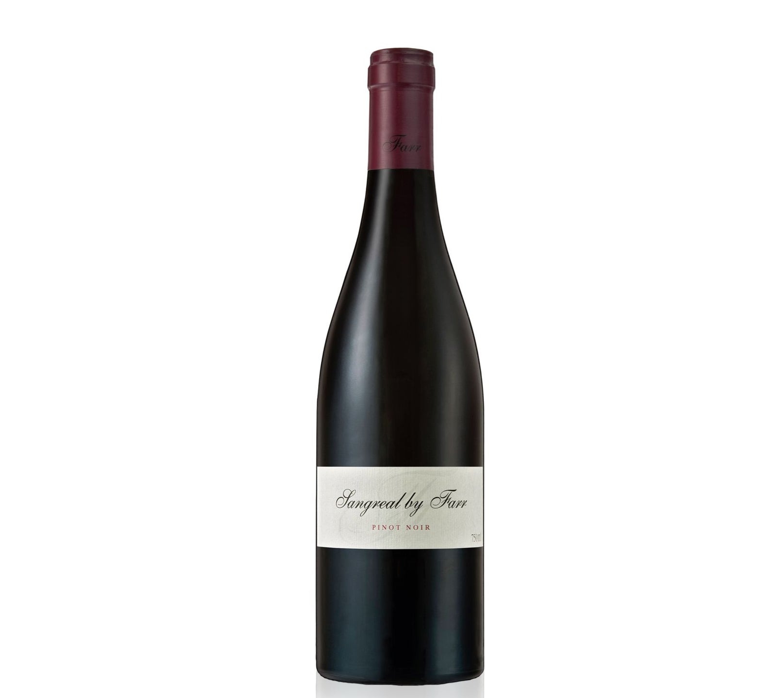 Bottle of By Farr Sangreal Pinot Noir wine with a label and a red cap, showcasing the brand and variety.