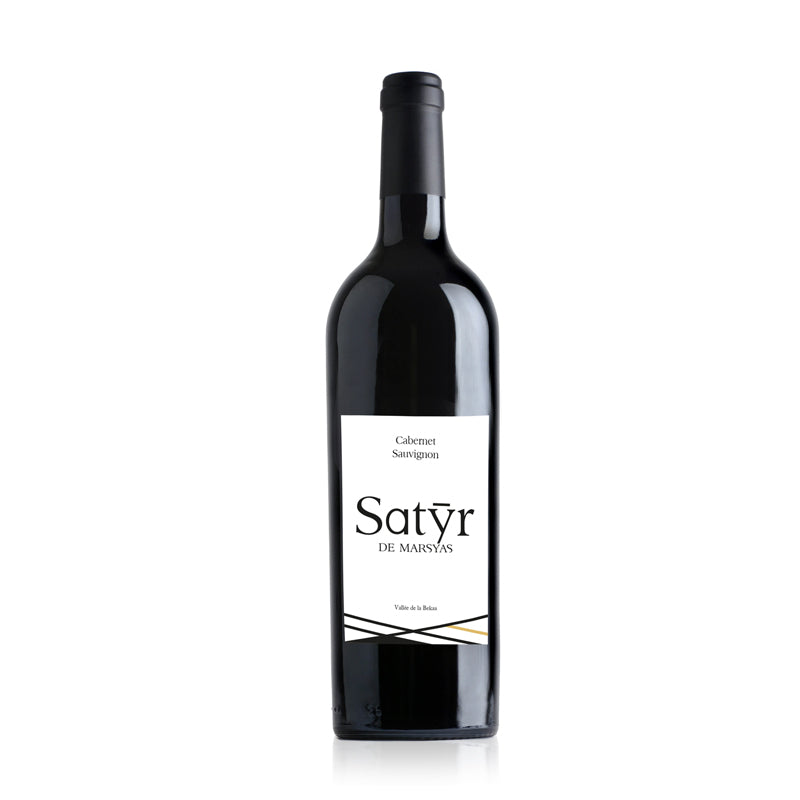 A bottle of Satyr de Marsyas Cabernet Sauvignon red wine