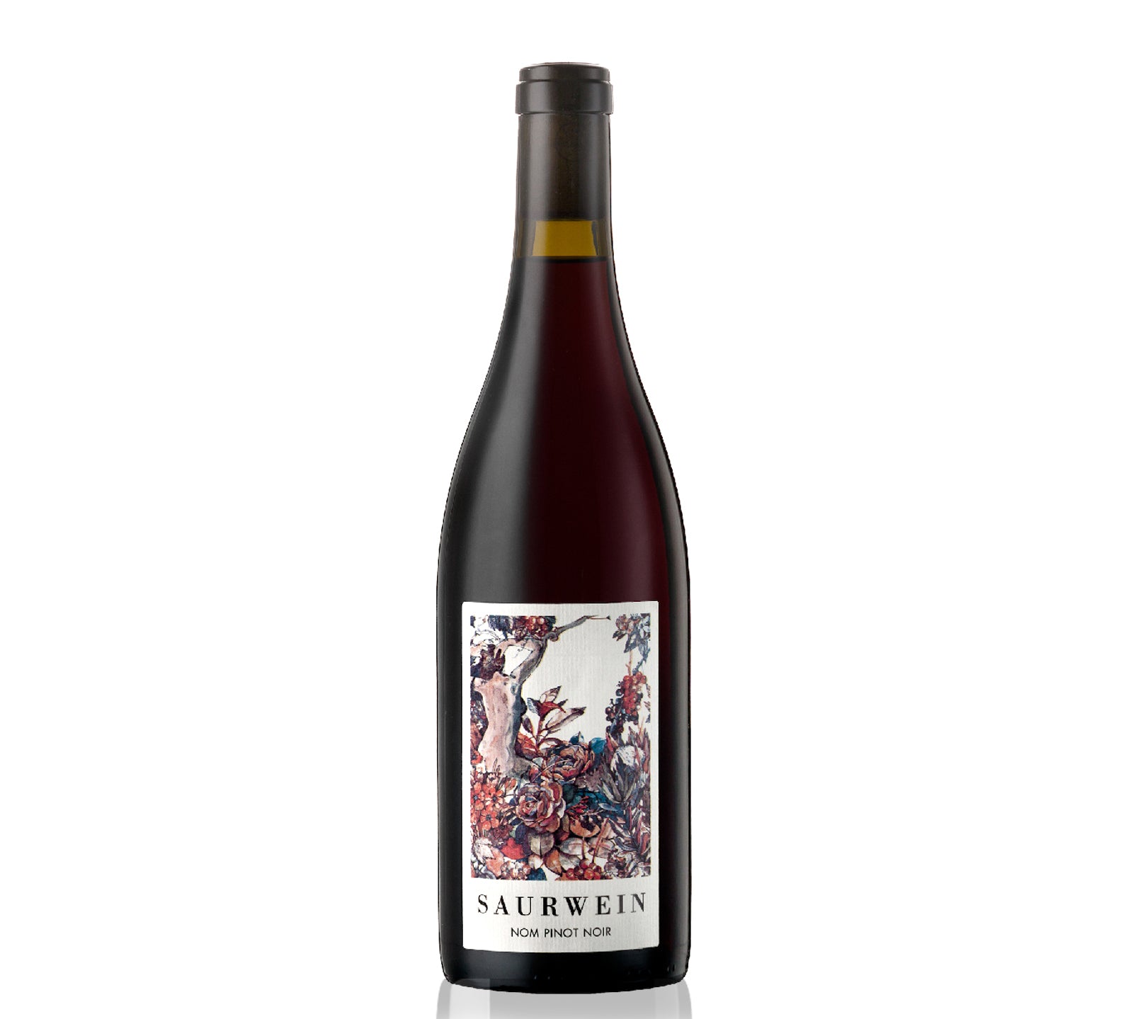 Bottle of Saurwein Nom Pinot Noir wine with a label featuring a floral design.