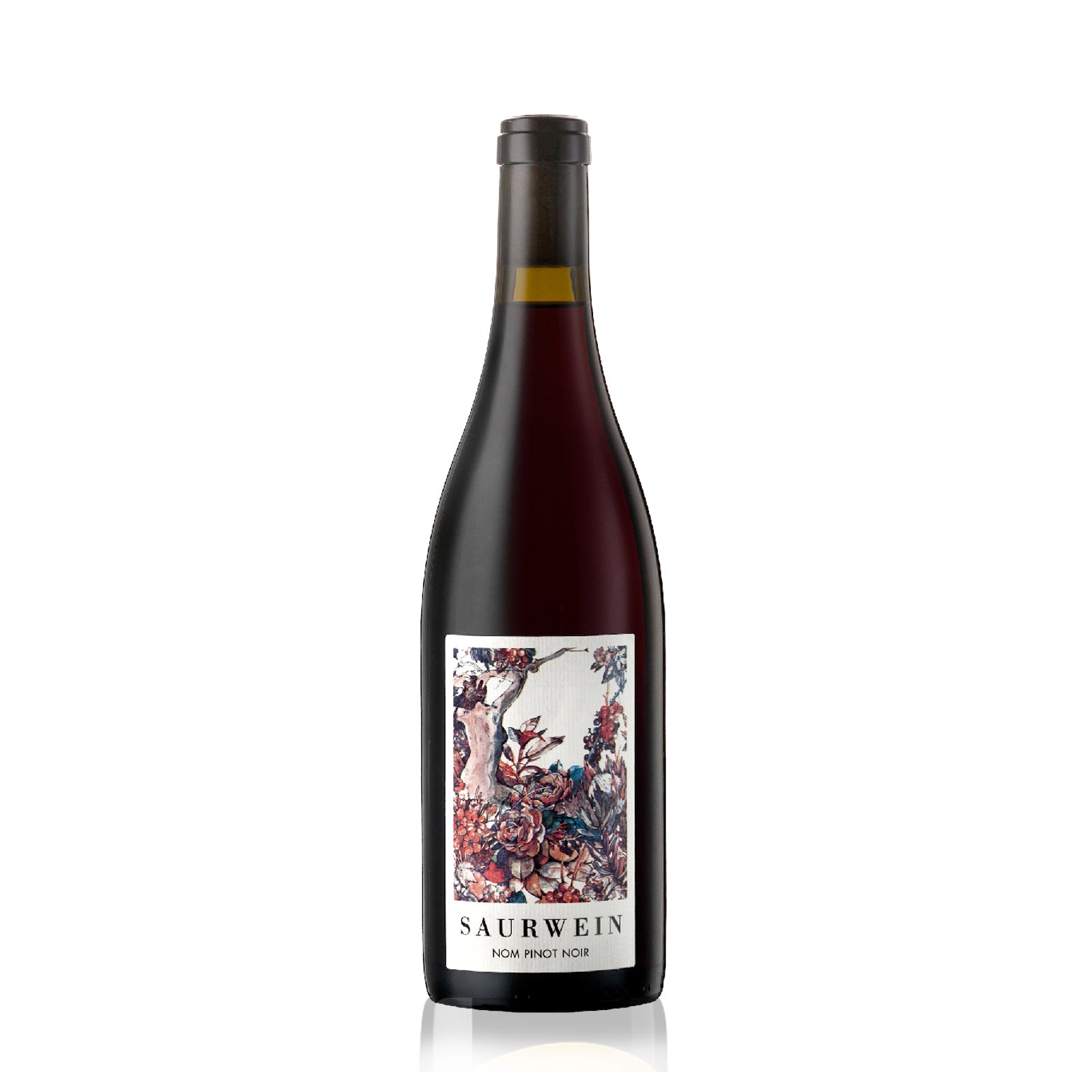 Bottle of Saurwein Nom Pinot Noir wine with a label featuring a floral design.