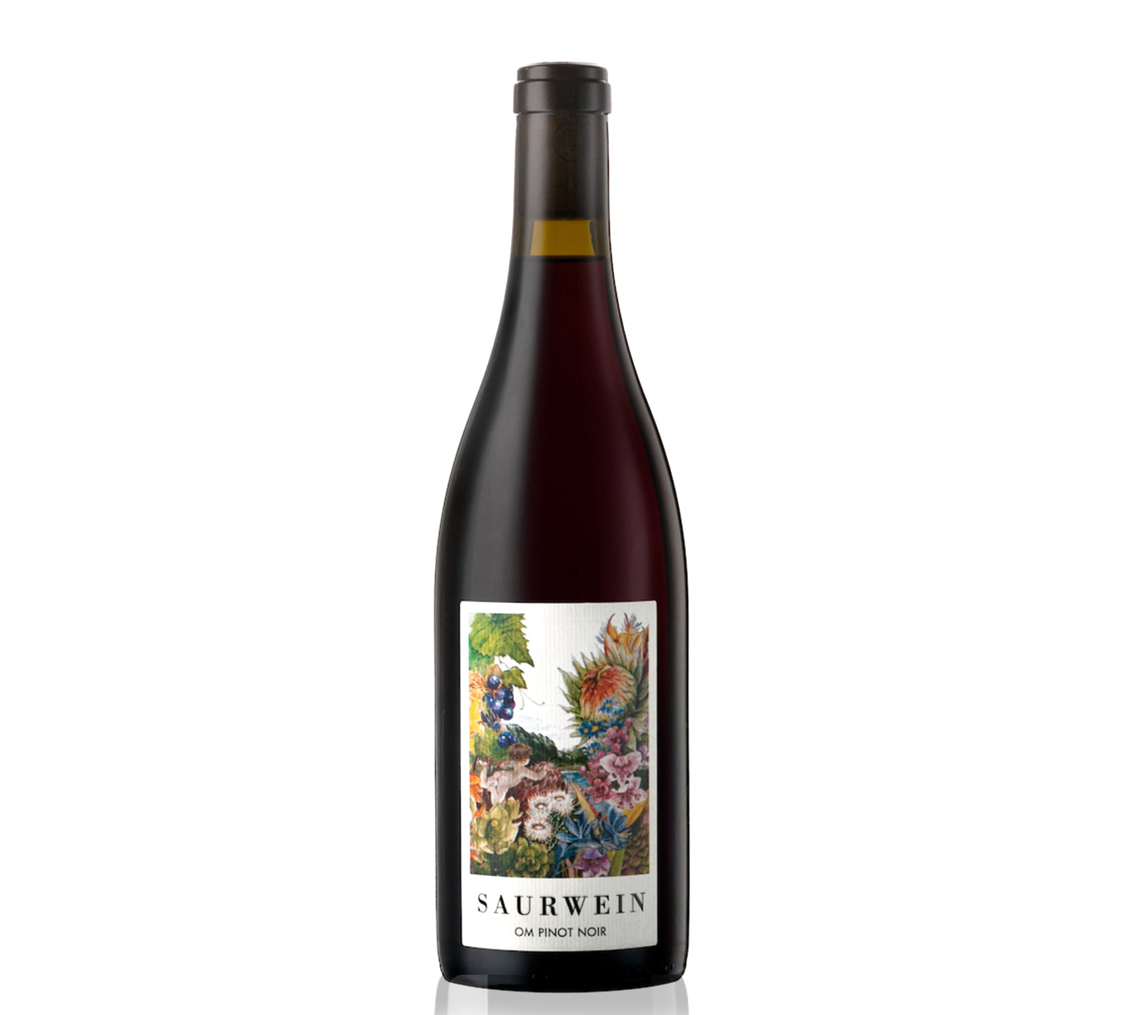 A bottle of Saurwein Om Pinot Noir red wine