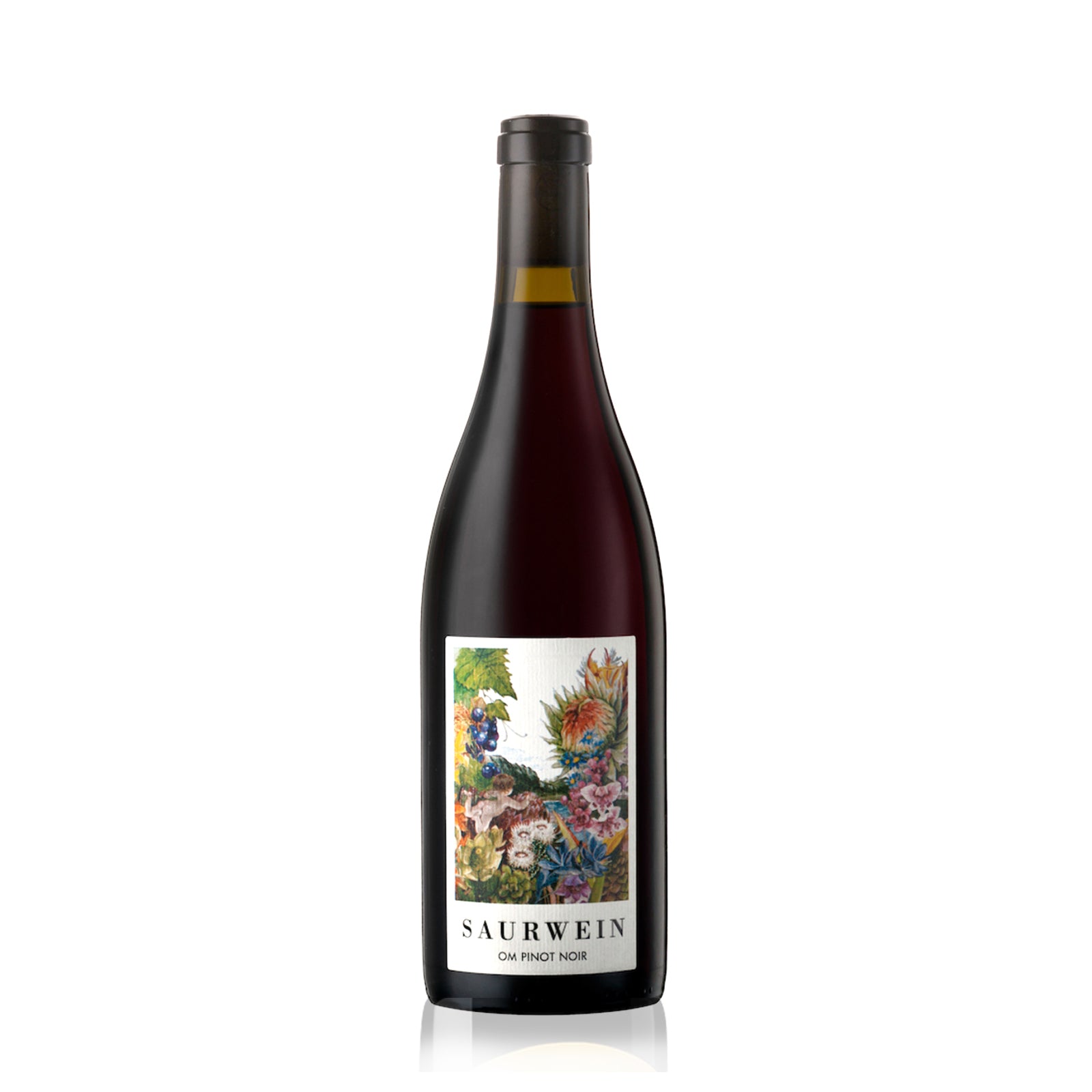A bottle of Saurwein Om Pinot Noir red wine