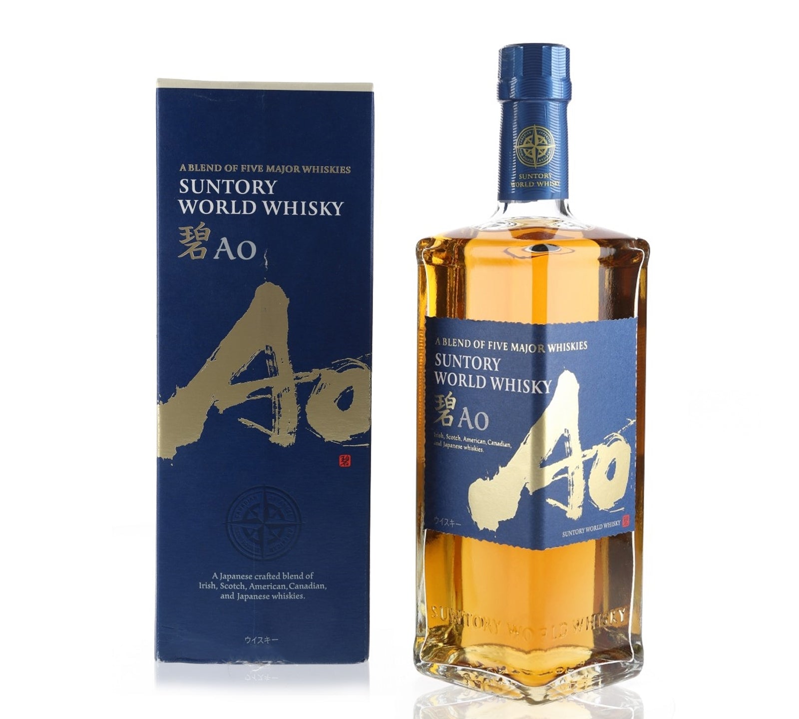 A bottle of Suntory AO World Whisky with its packaging box. 