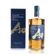 A bottle of Suntory AO World Whisky with its packaging box. 