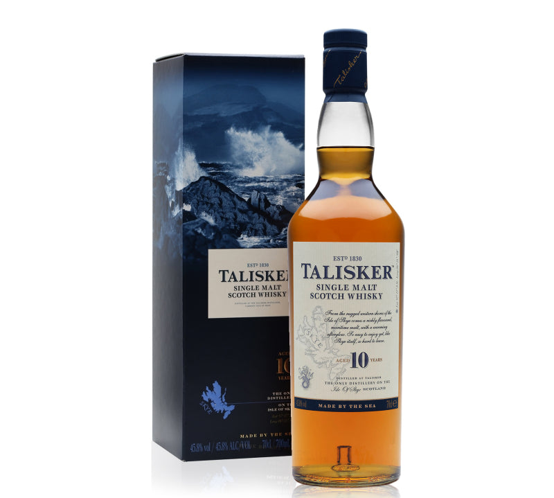 A bottle of Talisker Single Malt Scotch Whisky 10Yrs with its packaging box, displaying a scenic image of the Isle of Skye.