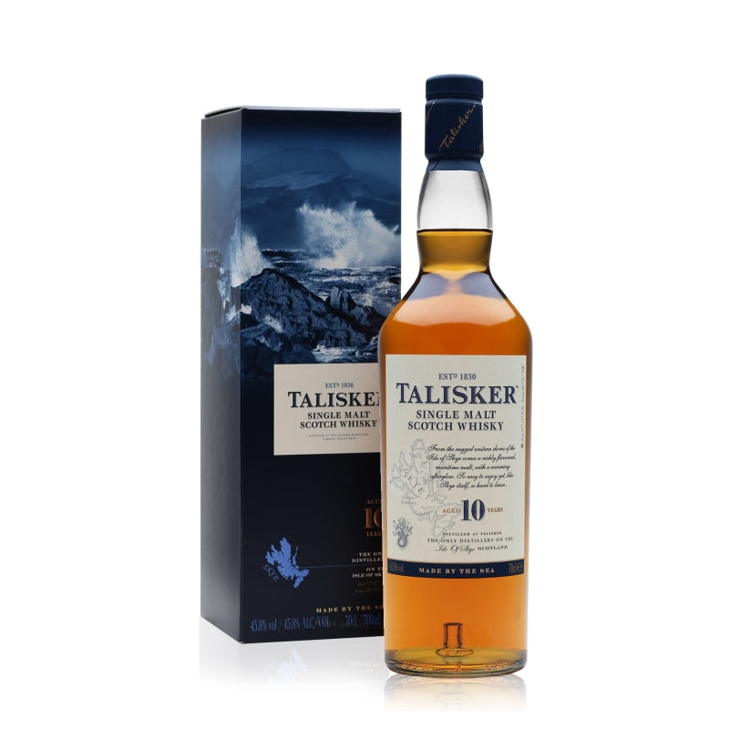 A bottle of Talisker Single Malt Scotch Whisky 10Yrs with its packaging box, displaying a scenic image of the Isle of Skye.