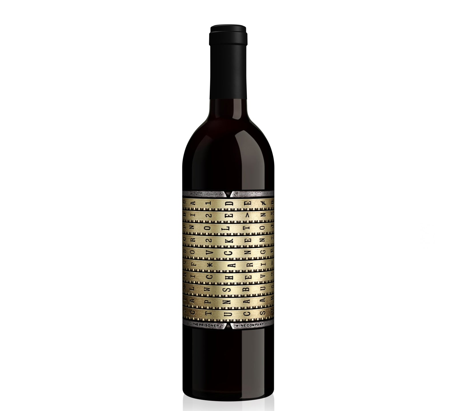 A bottle of The Prisoner Wine Company Unshackled Cabernet Sauvignon 2021 with a label featuring a geometric design in gold on a dark background.