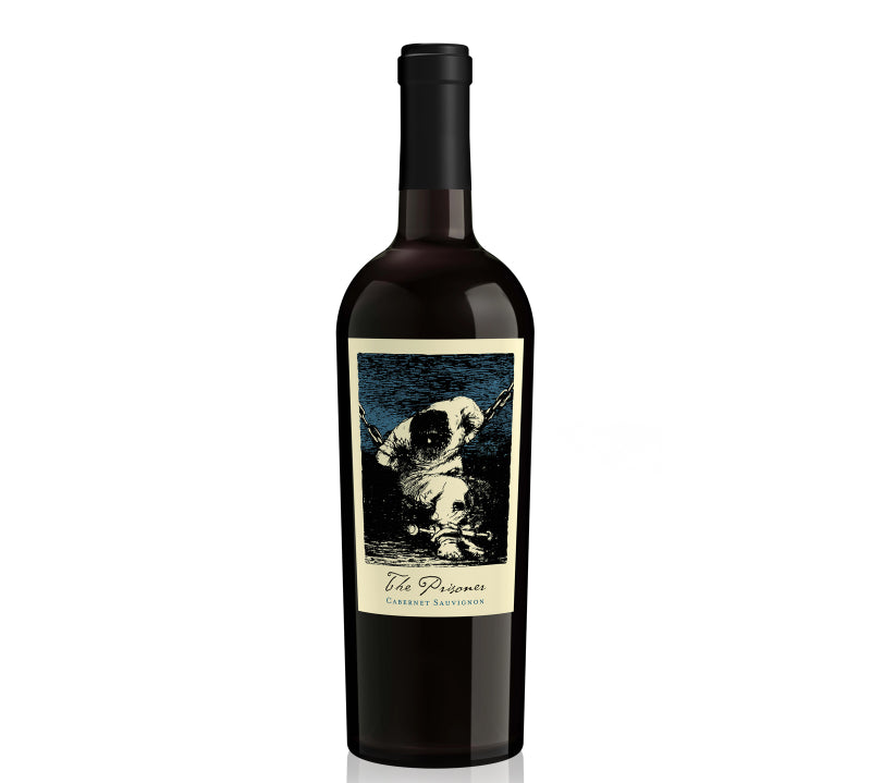 This image features a bottle of "The Prisoner Company Prisoner Napa Valley Cabernet Sauvignon," a premium red wine. The bottle is tall with a dark tint and prominently displays a unique, artistic label depicting a stylized figure.