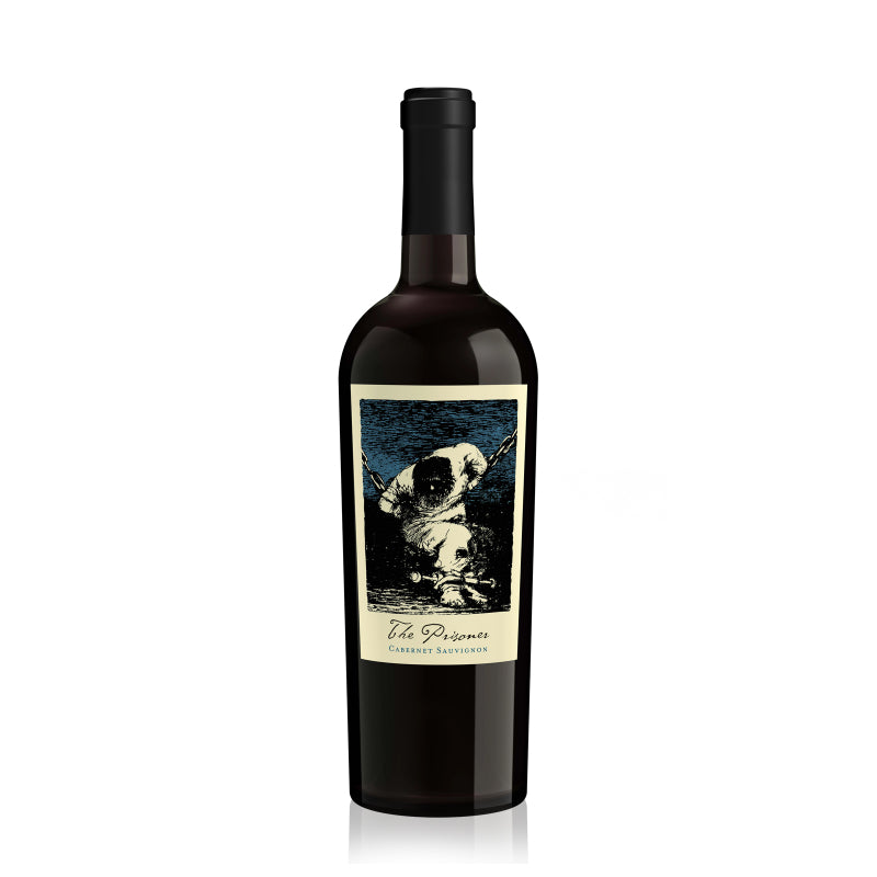 This image features a bottle of "The Prisoner Company Prisoner Napa Valley Cabernet Sauvignon," a premium red wine. The bottle is tall with a dark tint and prominently displays a unique, artistic label depicting a stylized figure.