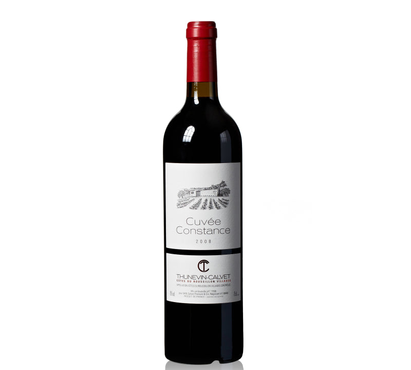 A bottle of Domaine Calvet Thunevin Catalanes Cuvee Constance Cotes du Roussillon Villages 2008 red wine.