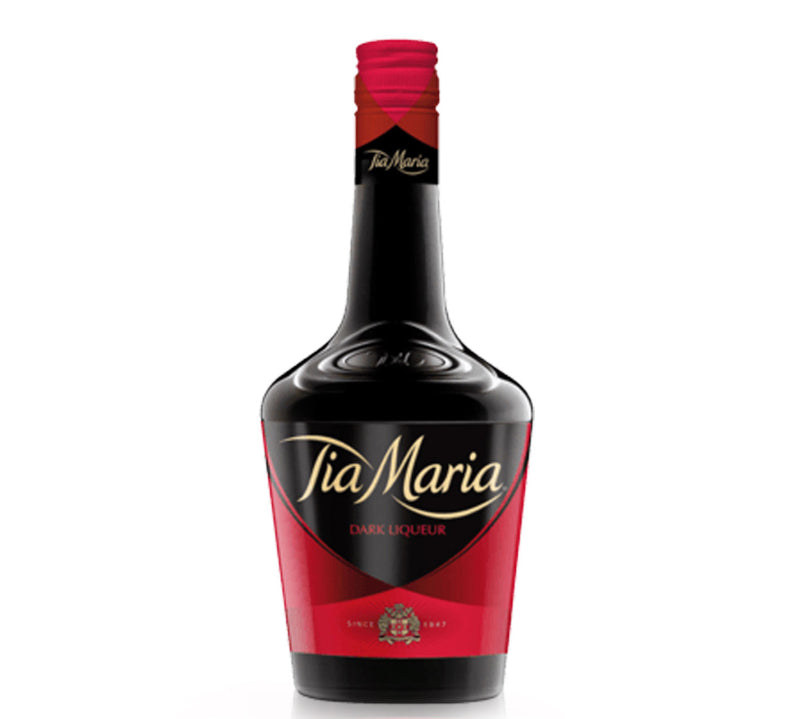 A bottle of Tia Maria Dark Liqueur with a red label and cap, set against a white background.