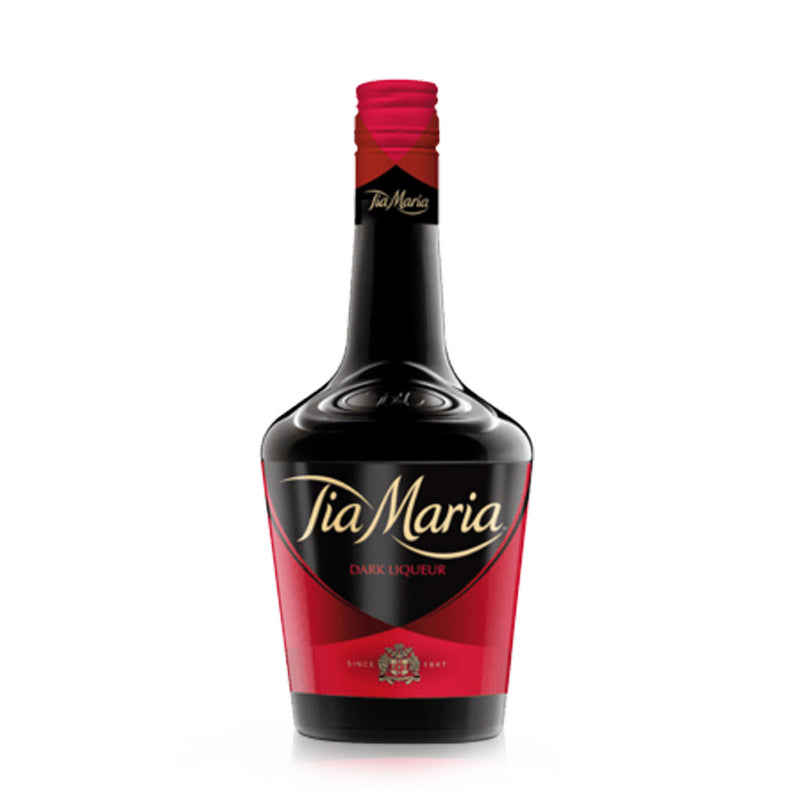 A bottle of Tia Maria Dark Liqueur with a red label and cap, set against a white background.