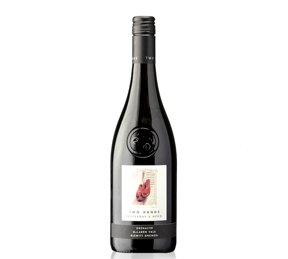 Two Hands Yesterdays Hero Grenache, a vibrant Australian red wine with juicy red fruit, spicy notes, and smooth tannins, highlighting the Grenache grape’s expressive character.