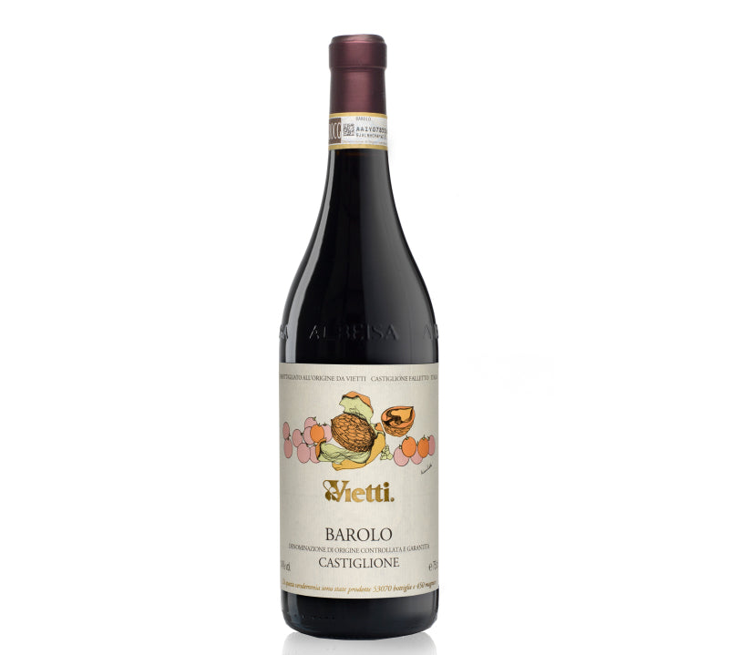Vietti Barolo Castiglione DOCG, a prestigious Italian red wine with aromas of red berries, roses, and spices, offering firm tannins and exceptional aging potential.