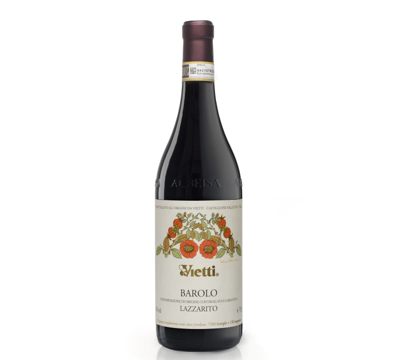 Bottle of Vietti Barolo Lazzarito, fine Italian red wine from Piedmont with complex flavors of cherry, floral notes, and subtle spice.