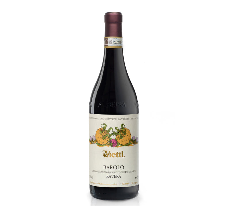 Bottle of Vietti Barolo Ravera, premium Italian red wine from Piedmont with rich aromas of dark fruit, spices, and earthy notes.