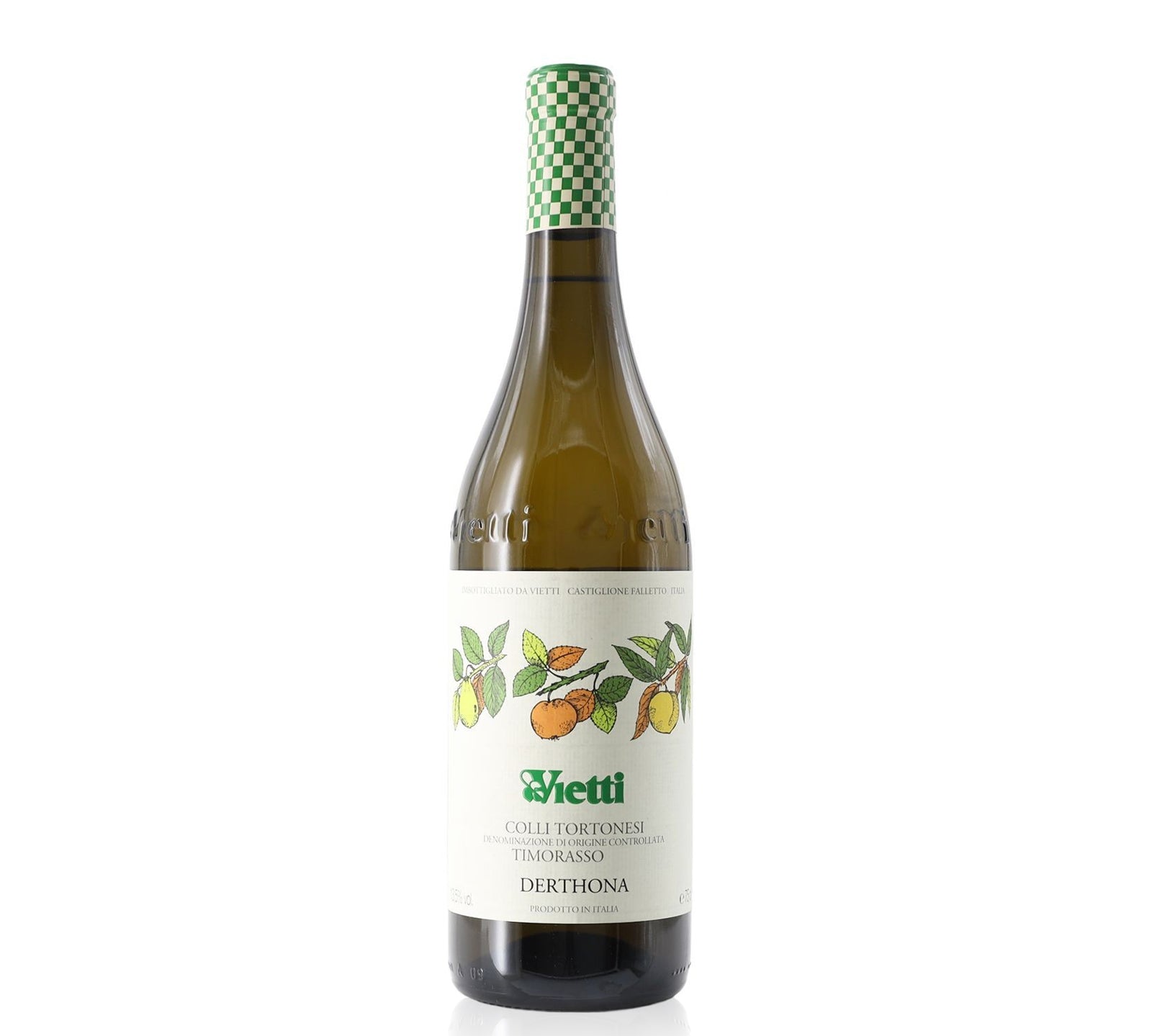 A bottle of Vietti Colli Tortonesi DOC Timorasso with a label featuring green and orange accents, consistent with the color of the wine.
