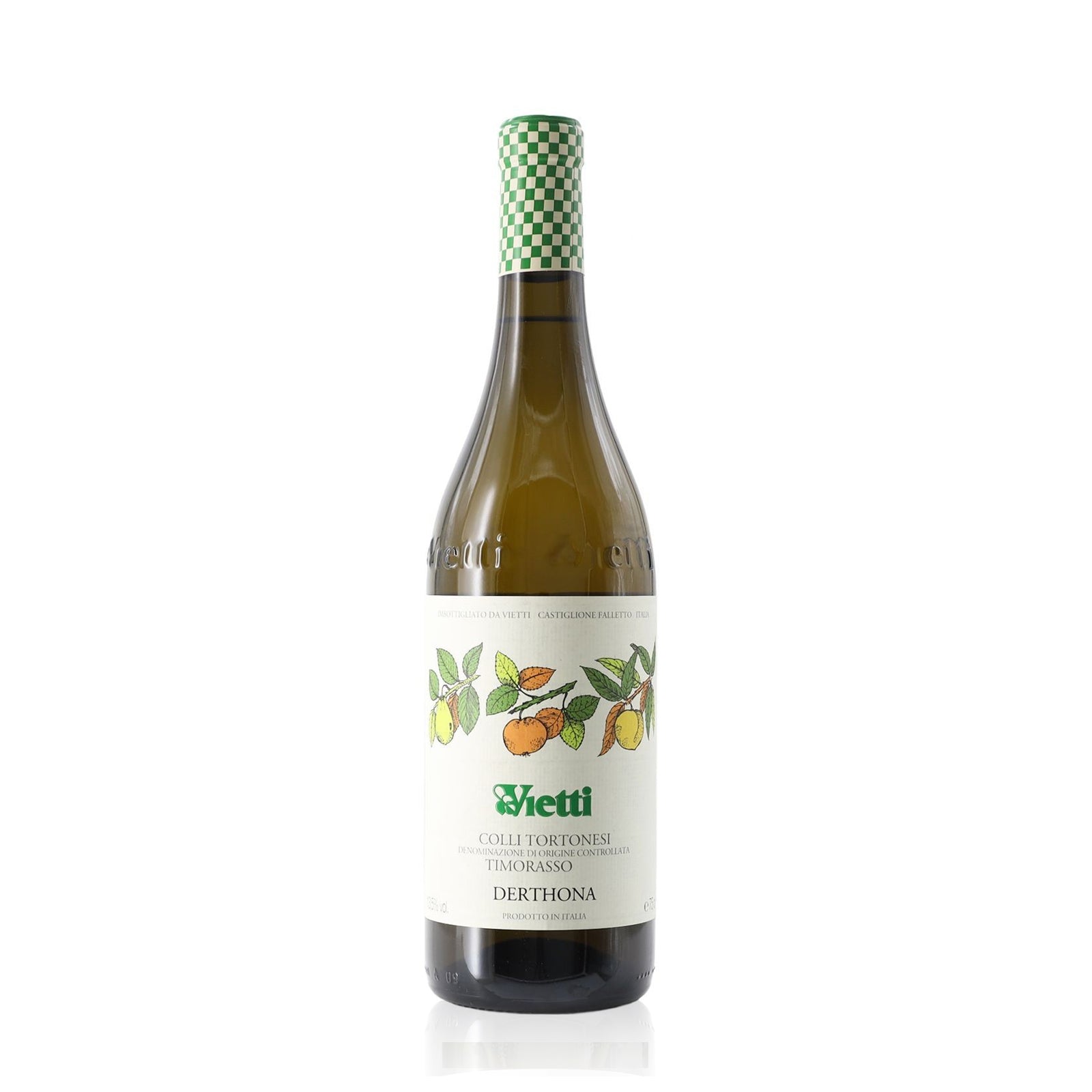 A bottle of Vietti Colli Tortonesi DOC Timorasso with a label featuring green and orange accents, consistent with the color of the wine.