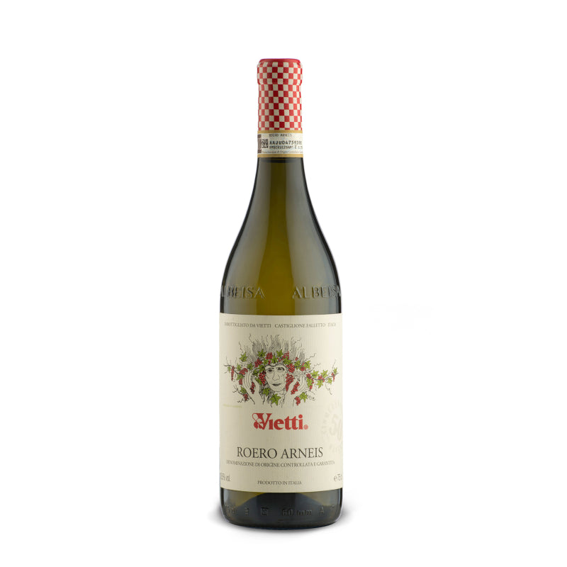 Bottle of Vietti Roero Arneis DOCG, elegant Italian white wine from Piedmont with fresh floral and citrus notes.