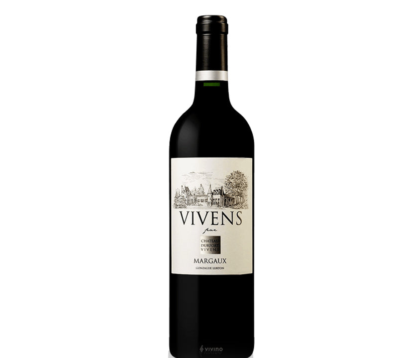 A bottle of Vivens by Ch. Durfort Vivens Margaux wine with a label depicting a scenic view of a vineyard.