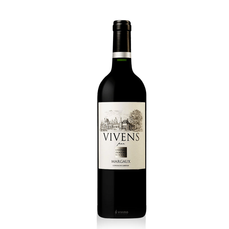 A bottle of Vivens by Ch. Durfort Vivens Margaux wine with a label depicting a scenic view of a vineyard.